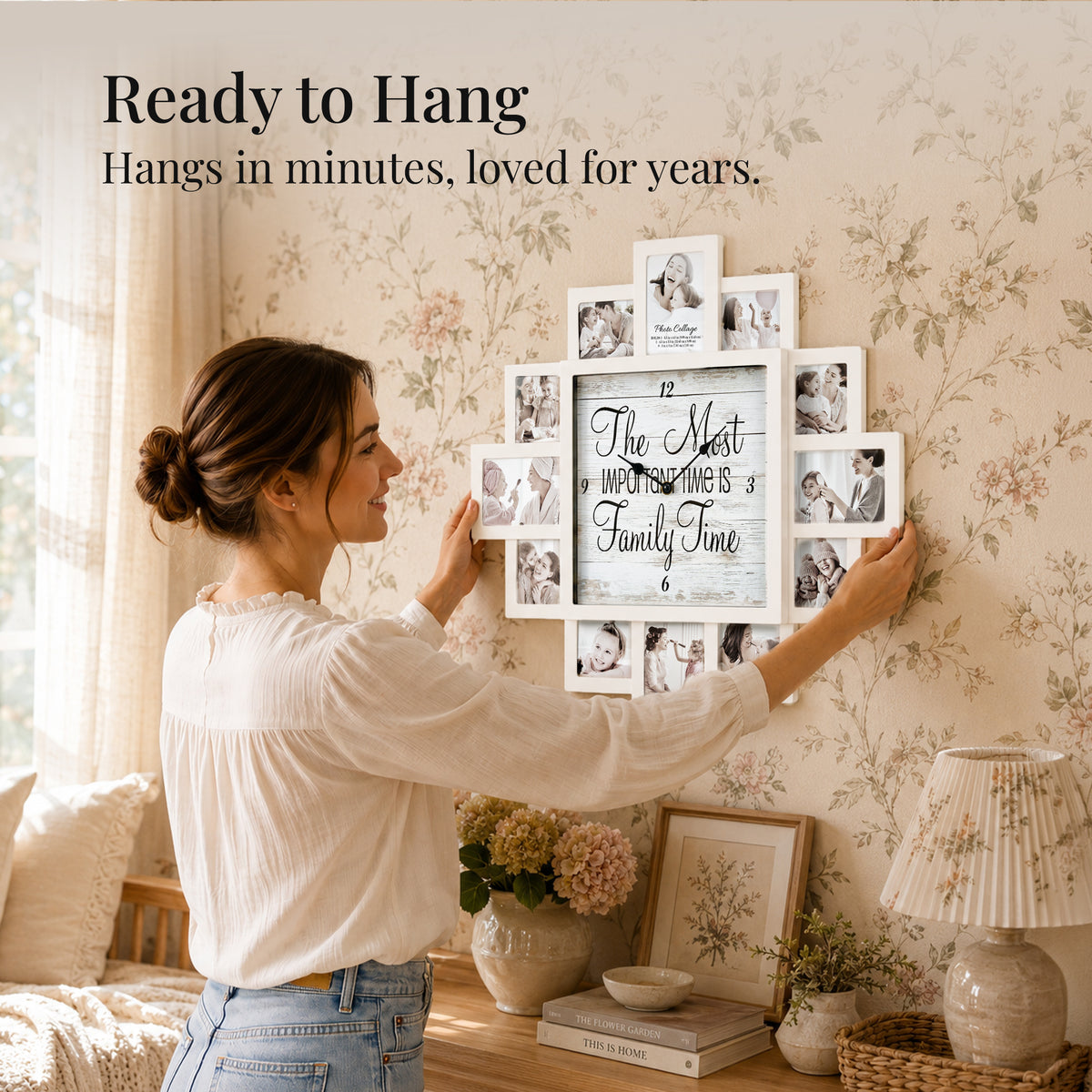 White Farmhouse Shabby-Chic "Family Time" Picture Frame Wall Collage Clock