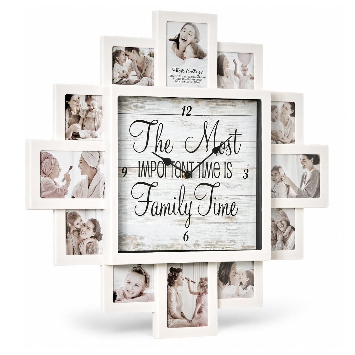 White Farmhouse Shabby-Chic "Family Time" Picture Frame Wall Collage Clock