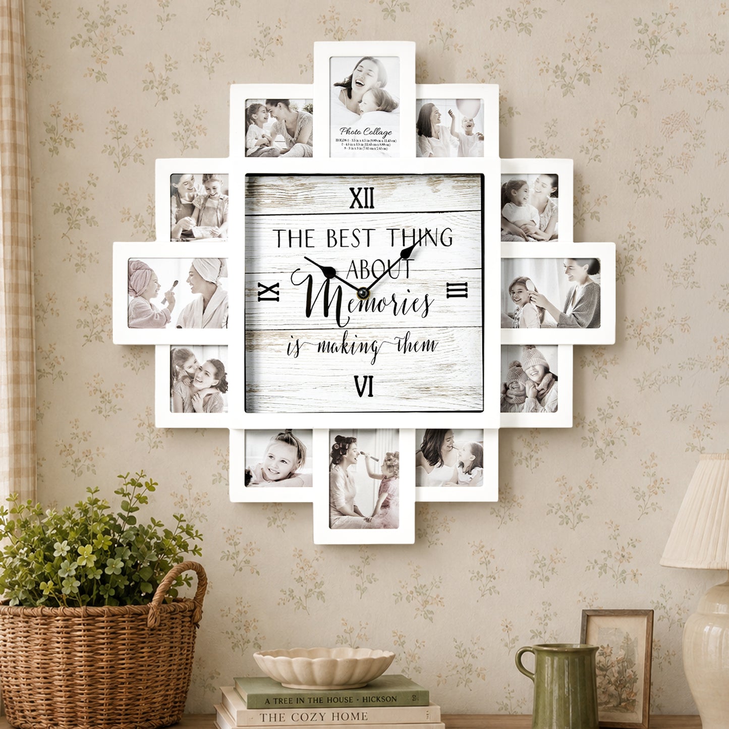 White 20 x 20 farmhouse photo collage wall clock with 12 picture openings surrounding “The best thing about memories is making them” clock face for nursery and family wall decor.