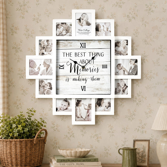White 20 x 20 farmhouse photo collage wall clock with 12 picture openings surrounding “The best thing about memories is making them” clock face for nursery and family wall decor.