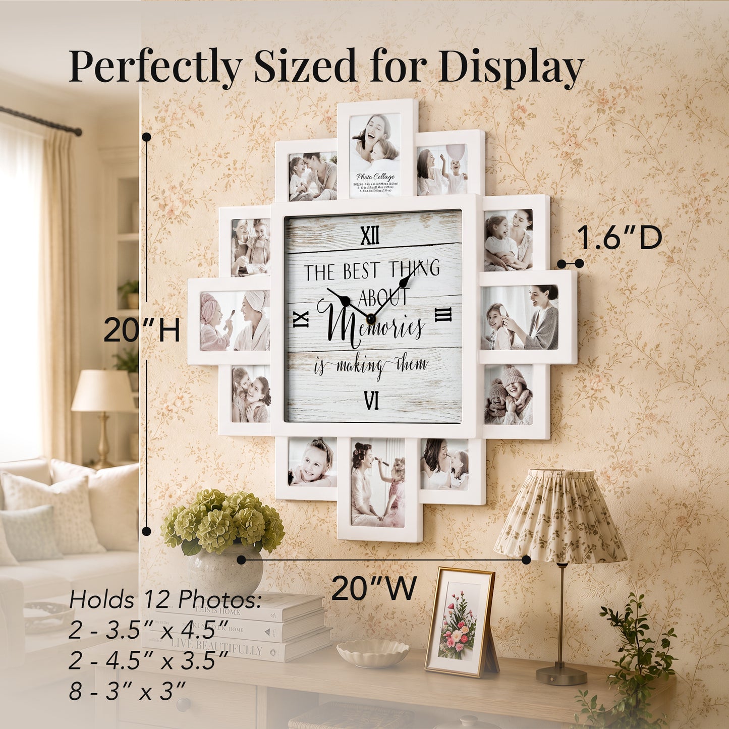 White 20 x 20 farmhouse photo collage wall clock with 12 picture openings surrounding “The best thing about memories is making them” clock face for nursery and family wall decor.