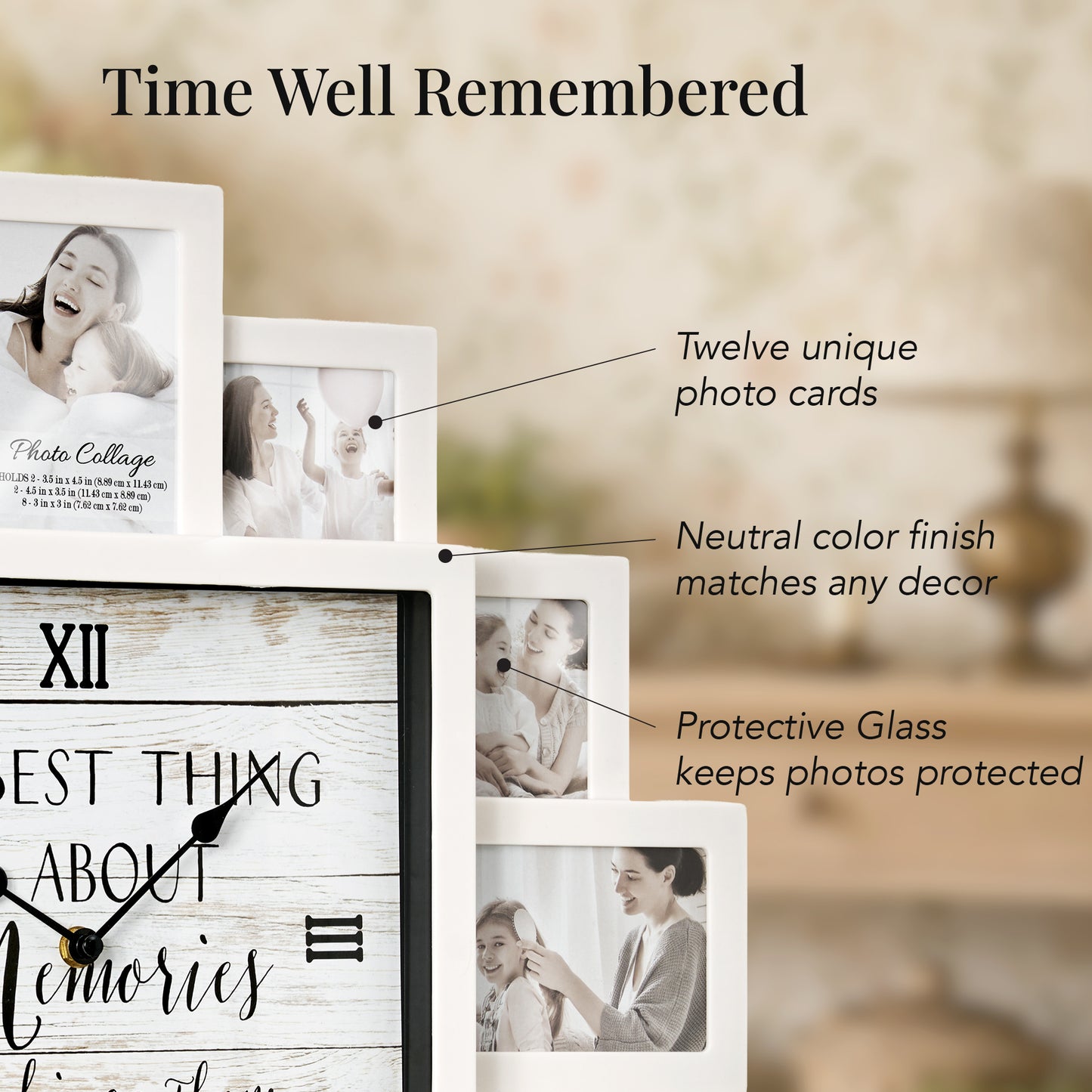 White 20 x 20 farmhouse photo collage wall clock with 12 picture openings surrounding “The best thing about memories is making them” clock face for nursery and family wall decor.