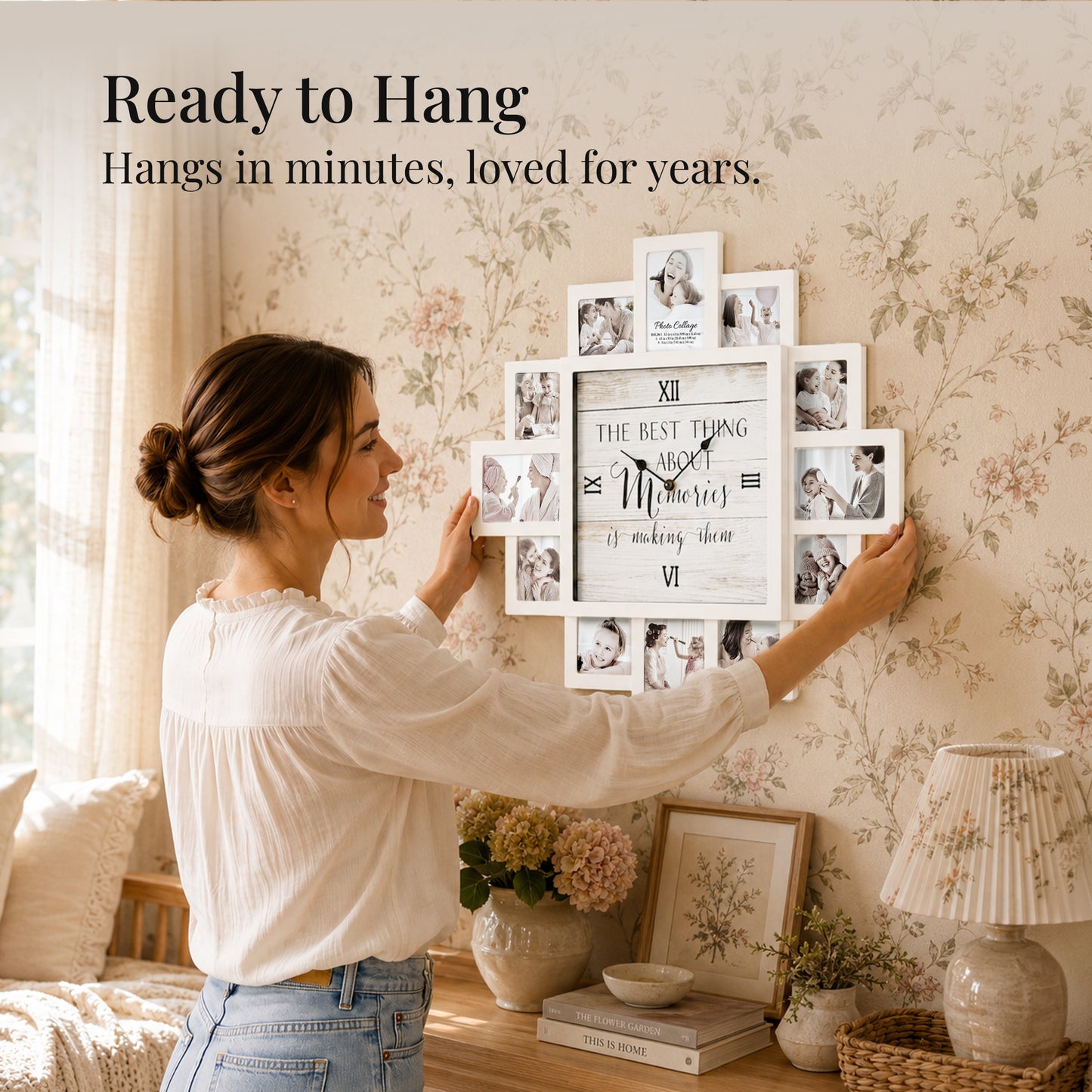 White 20 x 20 farmhouse photo collage wall clock with 12 picture openings surrounding “The best thing about memories is making them” clock face for nursery and family wall decor.