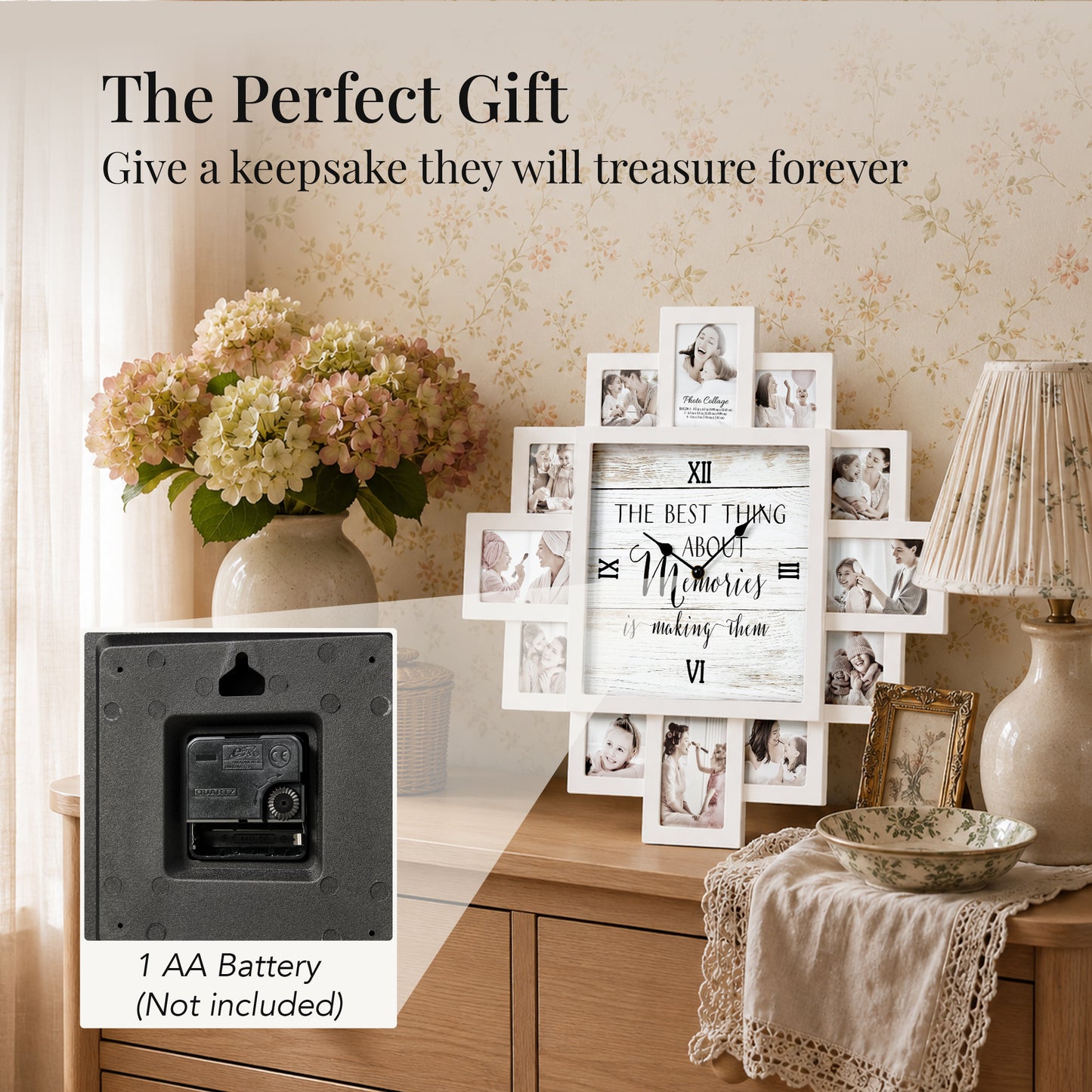 White 20 x 20 farmhouse photo collage wall clock with 12 picture openings surrounding “The best thing about memories is making them” clock face for nursery and family wall decor.