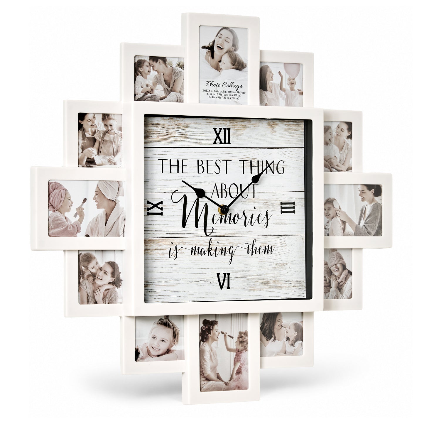 White 20 x 20 farmhouse photo collage wall clock with 12 picture openings surrounding “The best thing about memories is making them” clock face for nursery and family wall decor.