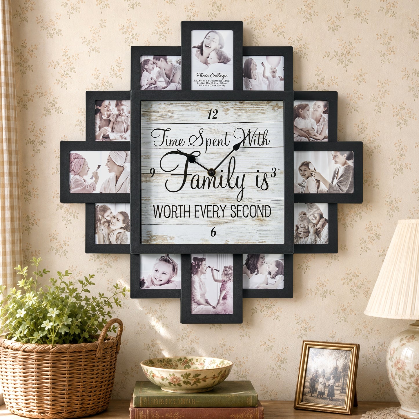 Black 20 x 20 farmhouse photo collage wall clock with 12 picture openings surrounding the Time Spent With Family is Worth Every Second clock face for nursery, bedroom and family wall decor.
