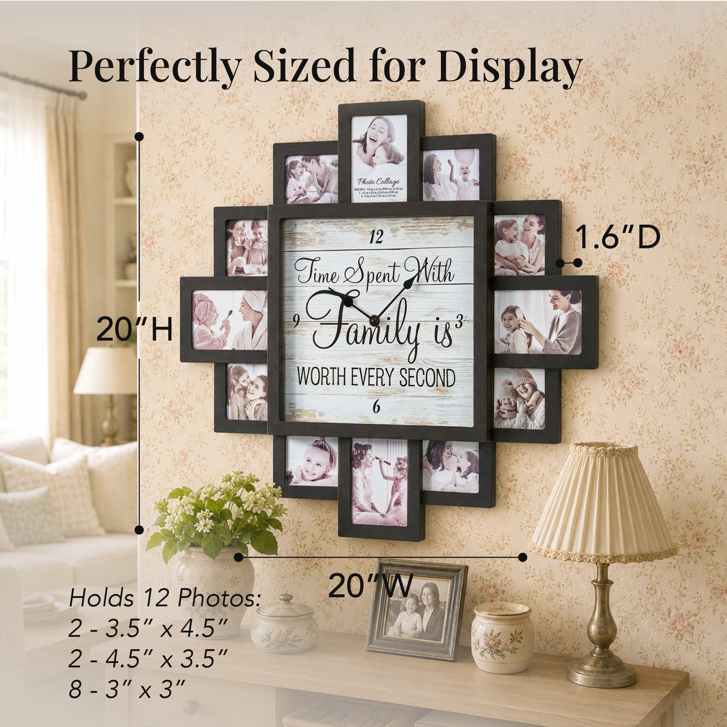 Black 20 x 20 farmhouse photo collage wall clock with 12 picture openings surrounding the Time Spent With Family is Worth Every Second clock face for nursery, bedroom and family wall decor.