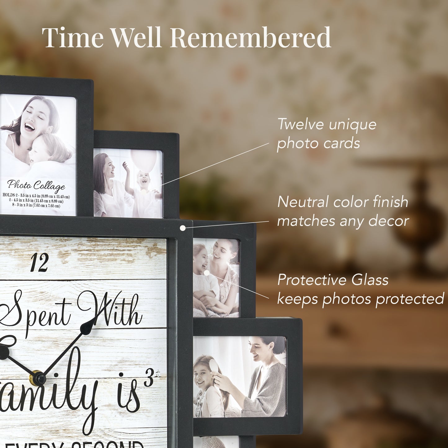 Black 20 x 20 farmhouse photo collage wall clock with 12 picture openings surrounding the Time Spent With Family is Worth Every Second clock face for nursery, bedroom and family wall decor.