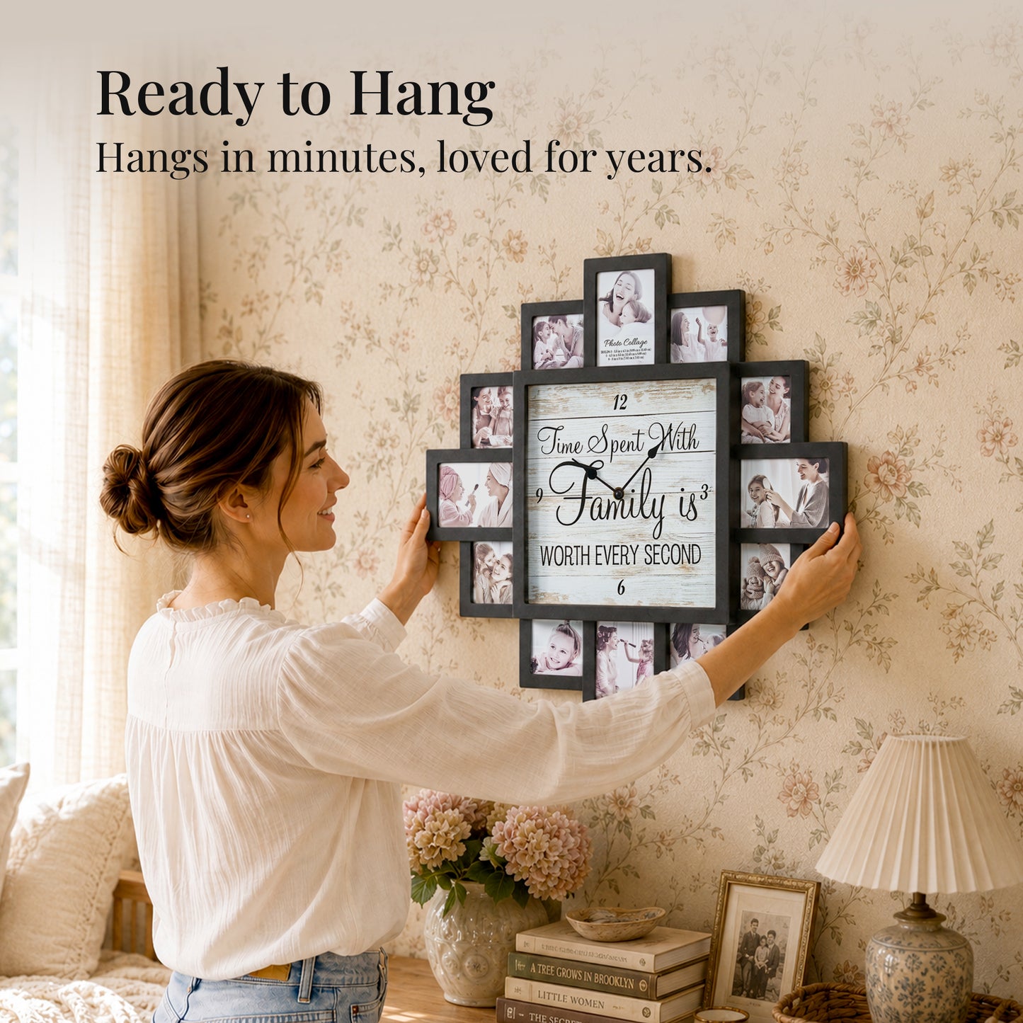 Black 20 x 20 farmhouse photo collage wall clock with 12 picture openings surrounding the Time Spent With Family is Worth Every Second clock face for nursery, bedroom and family wall decor.