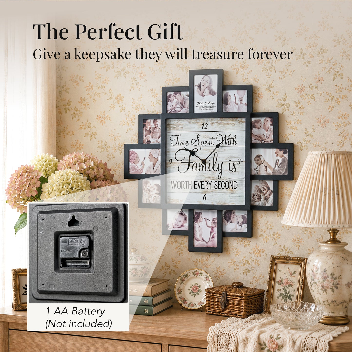 Black 20 x 20 farmhouse photo collage wall clock with 12 picture openings surrounding the Time Spent With Family is Worth Every Second clock face for nursery, bedroom and family wall decor.