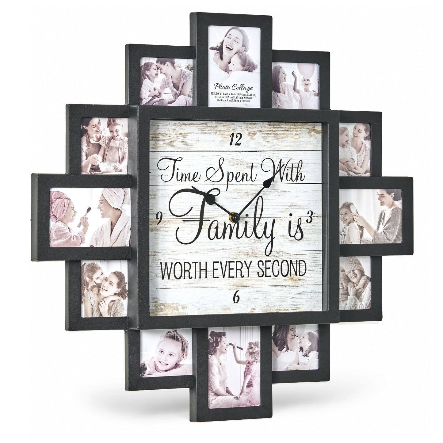Black 20 x 20 farmhouse photo collage wall clock with 12 picture openings surrounding the Time Spent With Family is Worth Every Second clock face for nursery, bedroom and family wall decor.