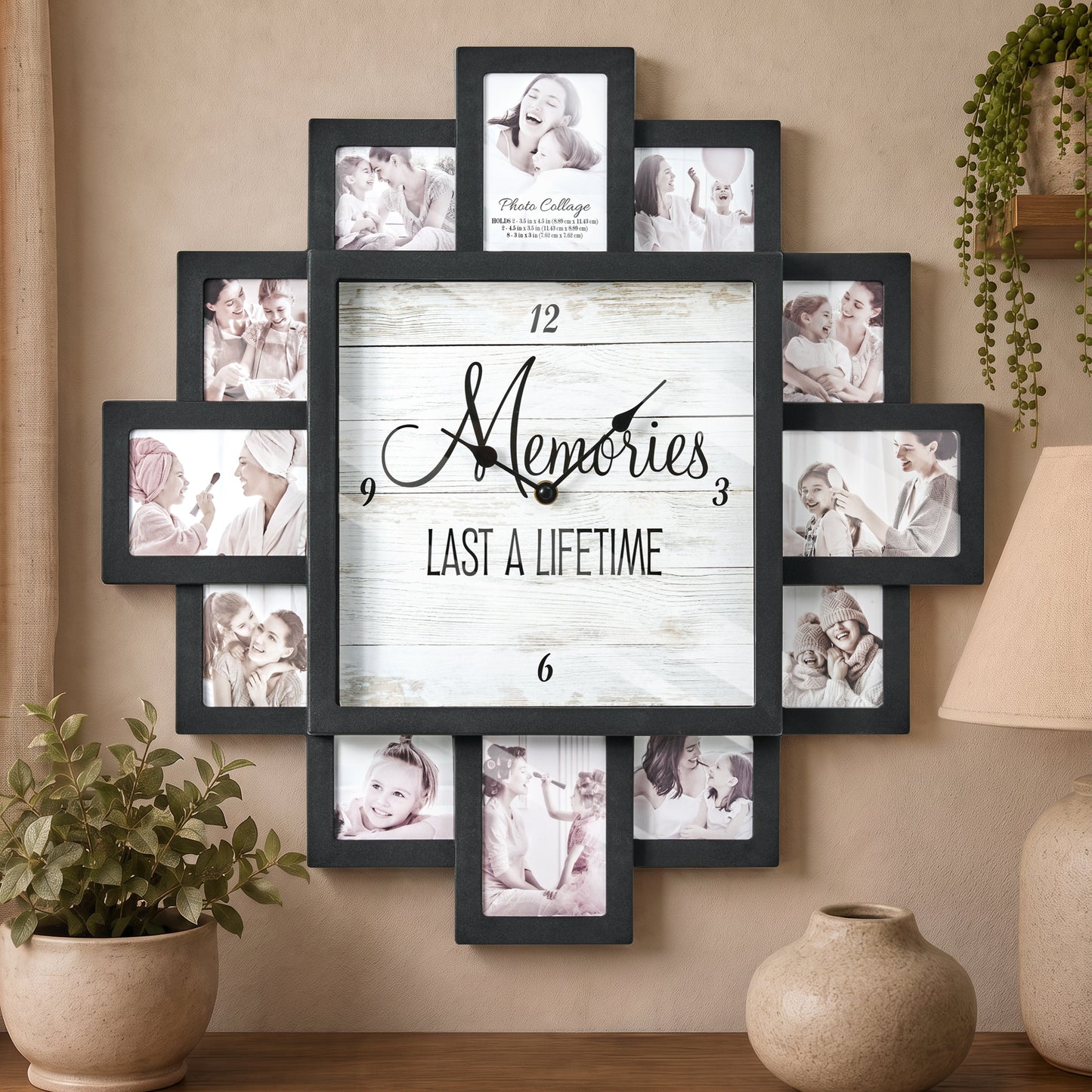 Black 20 x 20 farmhouse photo collage wall clock with 12 picture openings surrounding a Memories Last a Lifetime clock face for nursery, bedroom and family wall decor.