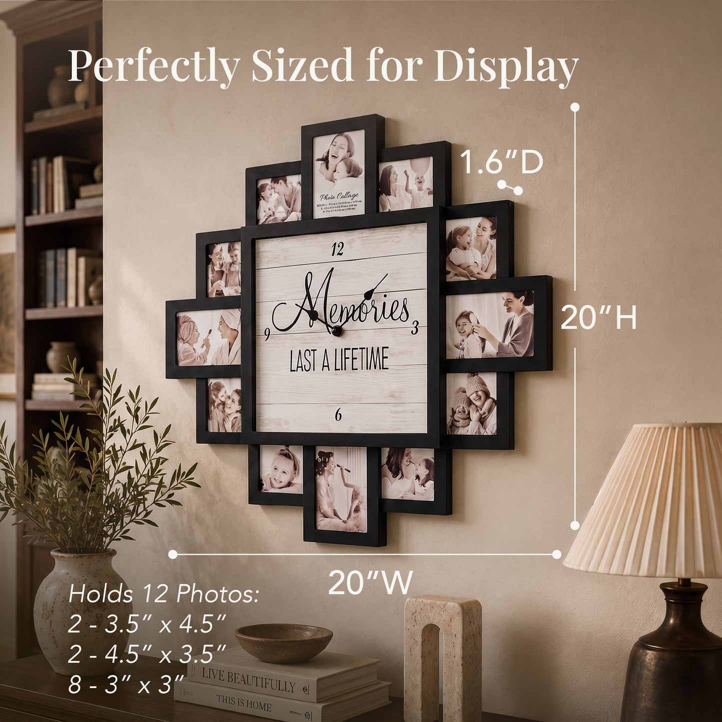 Black 20 x 20 farmhouse photo collage wall clock with 12 picture openings surrounding a Memories Last a Lifetime clock face for nursery, bedroom and family wall decor.