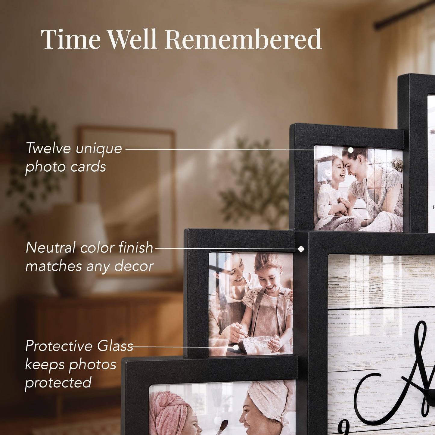Black 20 x 20 farmhouse photo collage wall clock with 12 picture openings surrounding a Memories Last a Lifetime clock face for nursery, bedroom and family wall decor.