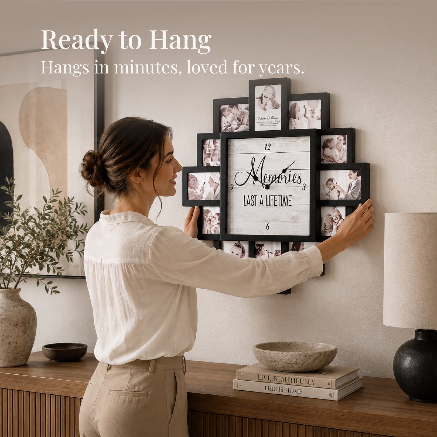 Black 20 x 20 farmhouse photo collage wall clock with 12 picture openings surrounding a Memories Last a Lifetime clock face for nursery, bedroom and family wall decor.