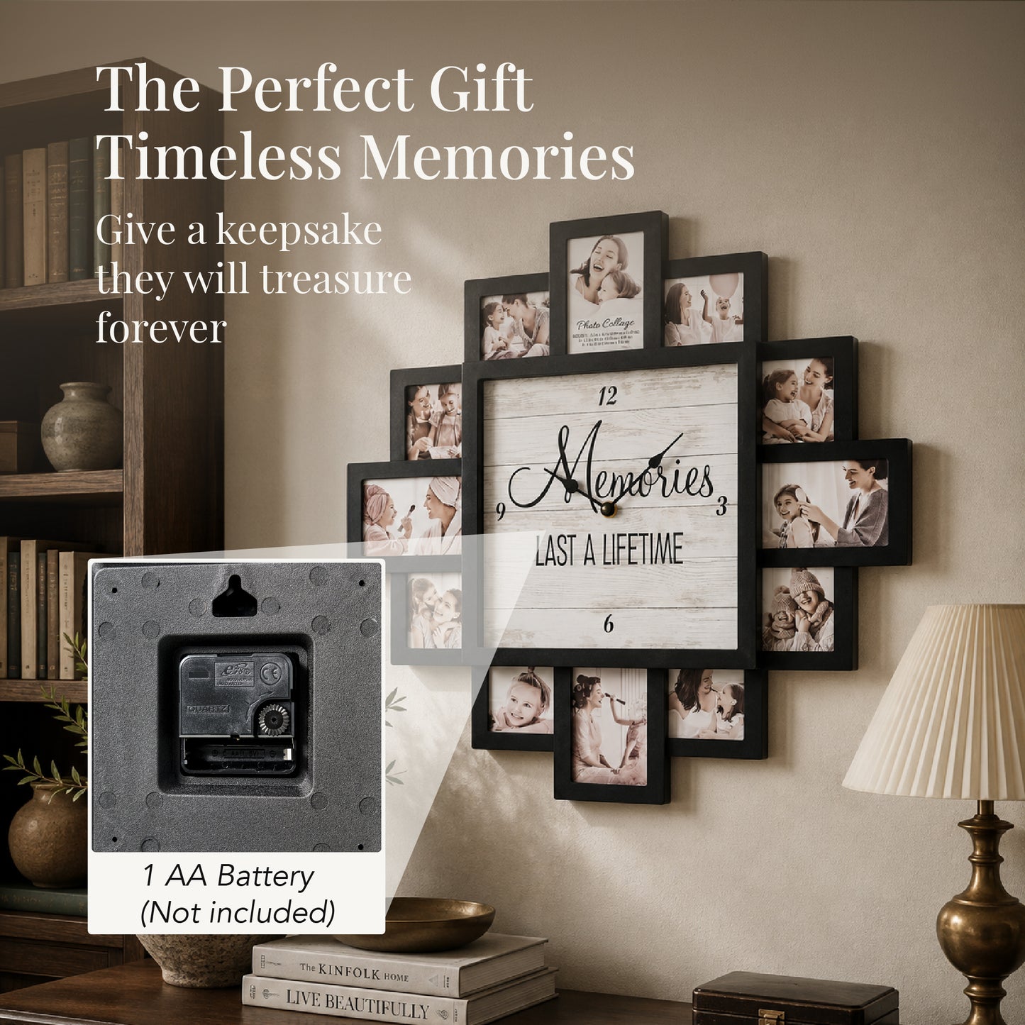 Black 20 x 20 farmhouse photo collage wall clock with 12 picture openings surrounding a Memories Last a Lifetime clock face for nursery, bedroom and family wall decor.