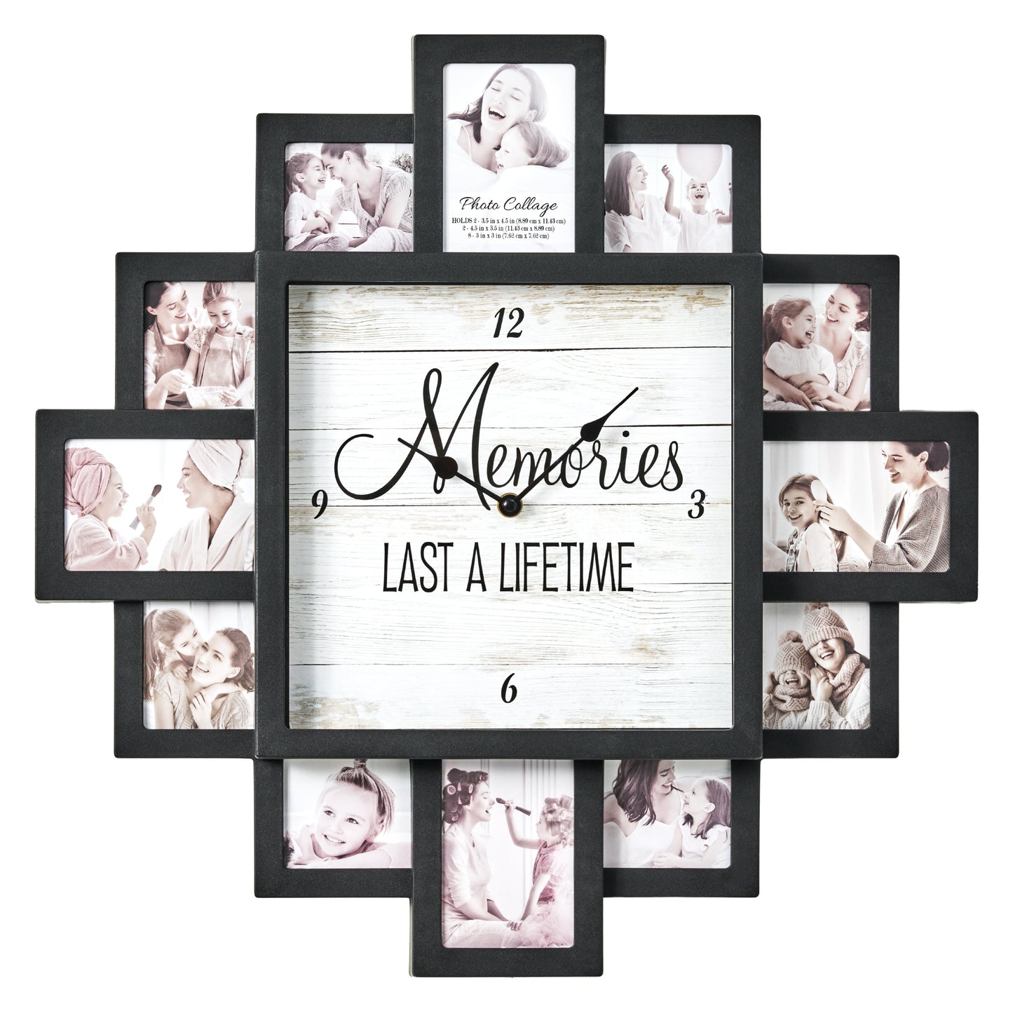 Black 20 x 20 farmhouse photo collage wall clock with 12 picture openings surrounding a Memories Last a Lifetime clock face for nursery, bedroom and family wall decor.