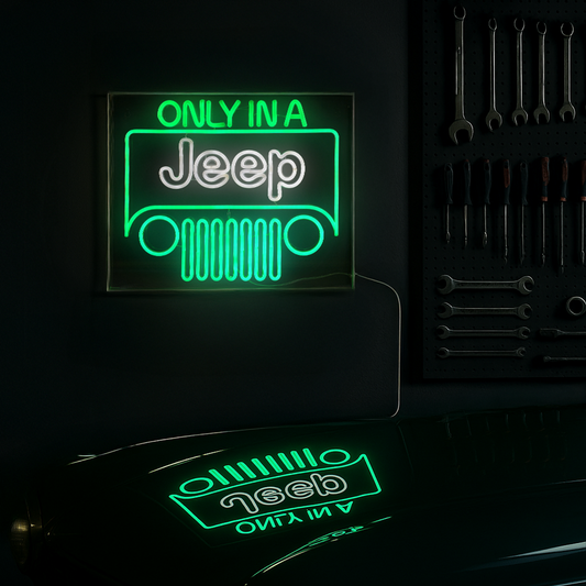 Licensed Only In A Jeep Acrylic LED Wall Decor Sign - 20" x 16", masculine wall decor, man cave, game room, and home bar decor for men, designed for man cave, home bar, bar, adds character to a personalized room setup.