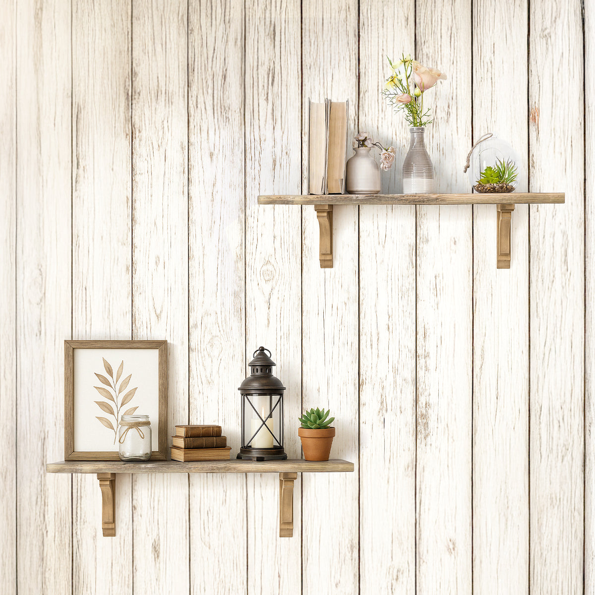 Set of two natural wood decorative corbels with carved vintage curves, shown as farmhouse shelf brackets and architectural accents for shelves, doorways, bookends and candle displays.