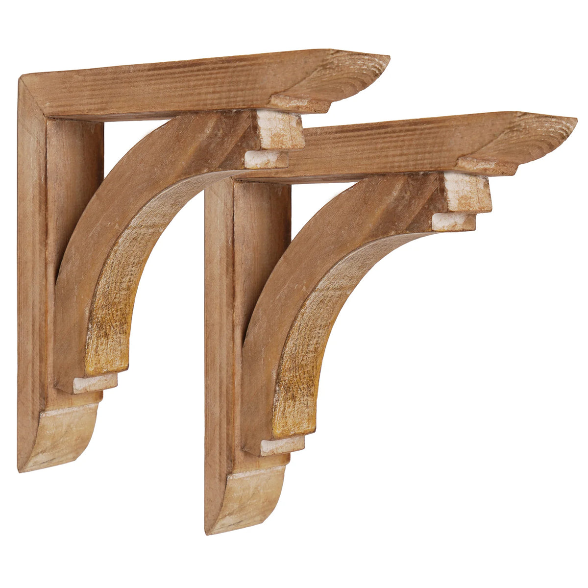 Set of two natural wood decorative corbels with carved vintage curves, shown as farmhouse shelf brackets and architectural accents for shelves, doorways, bookends and candle displays.