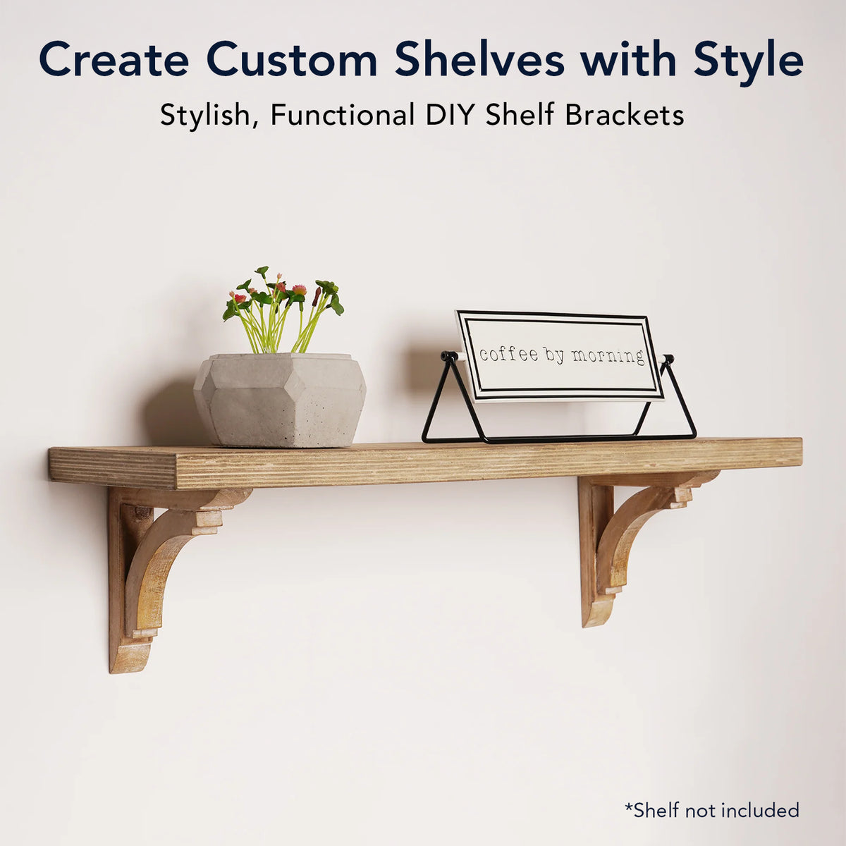 Set of two natural wood decorative corbels with carved vintage curves, shown as farmhouse shelf brackets and architectural accents for shelves, doorways, bookends and candle displays.