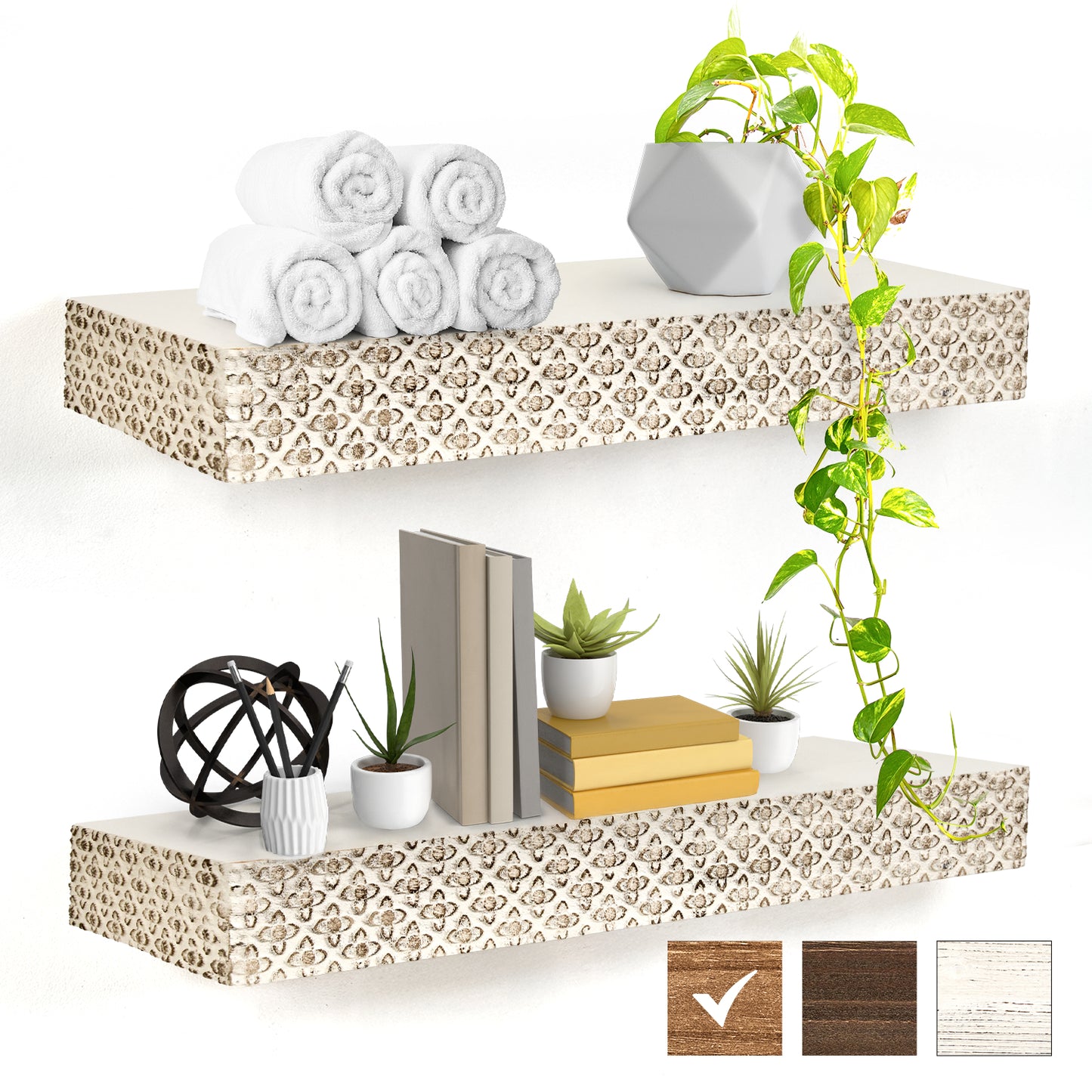Small Rustic Embossed Wood Floating Wall Shelf - White
