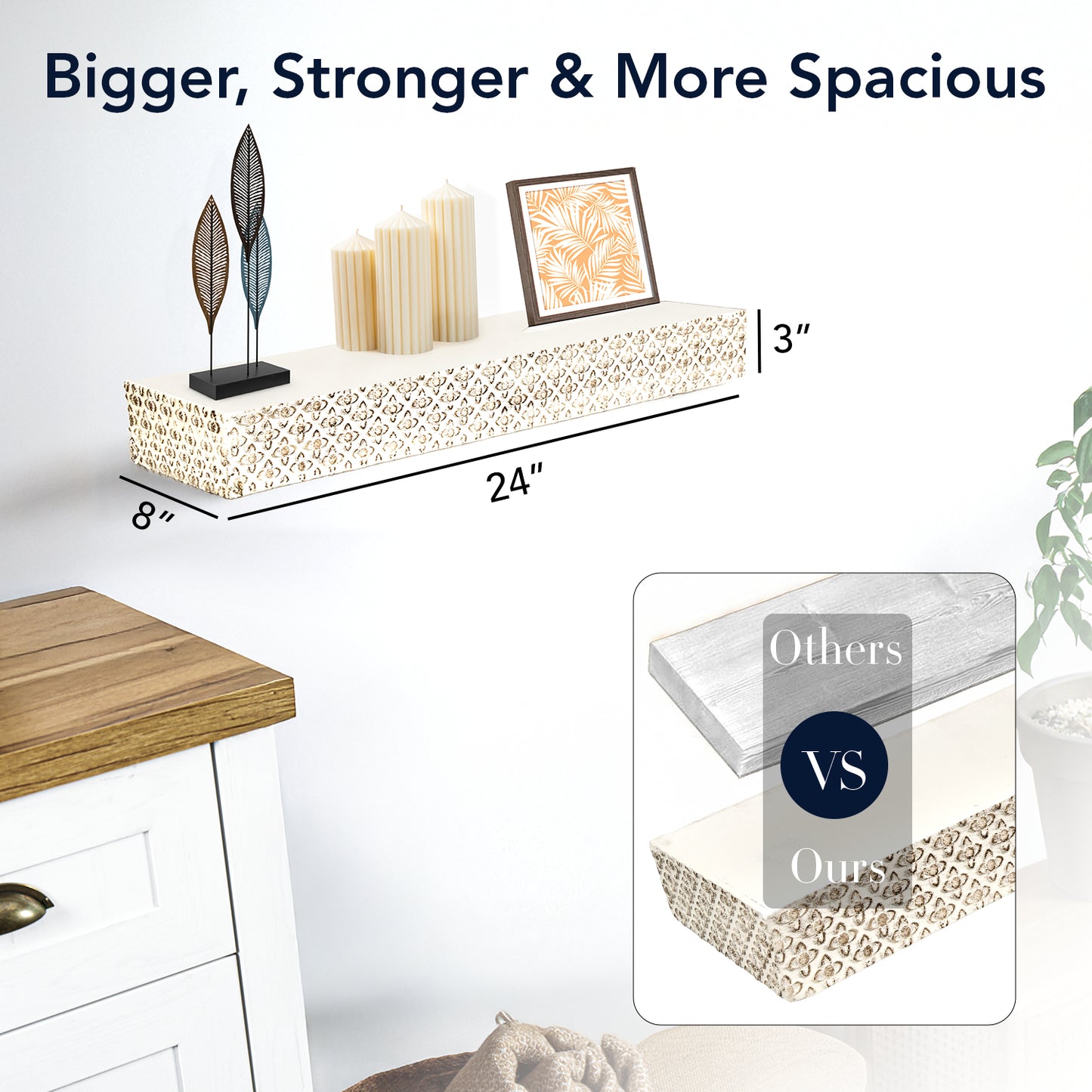 Small Rustic Embossed Wood Floating Wall Shelf - White