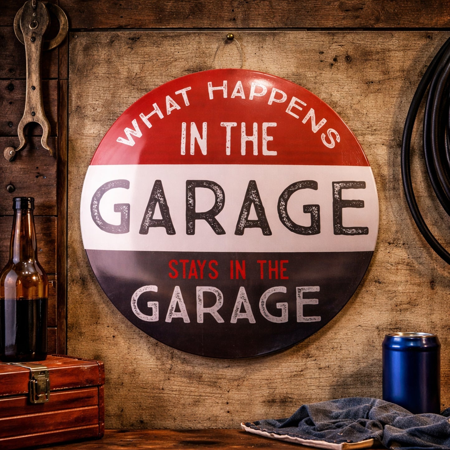What Happens in the Garage Dome Metal Sign - 15.5"