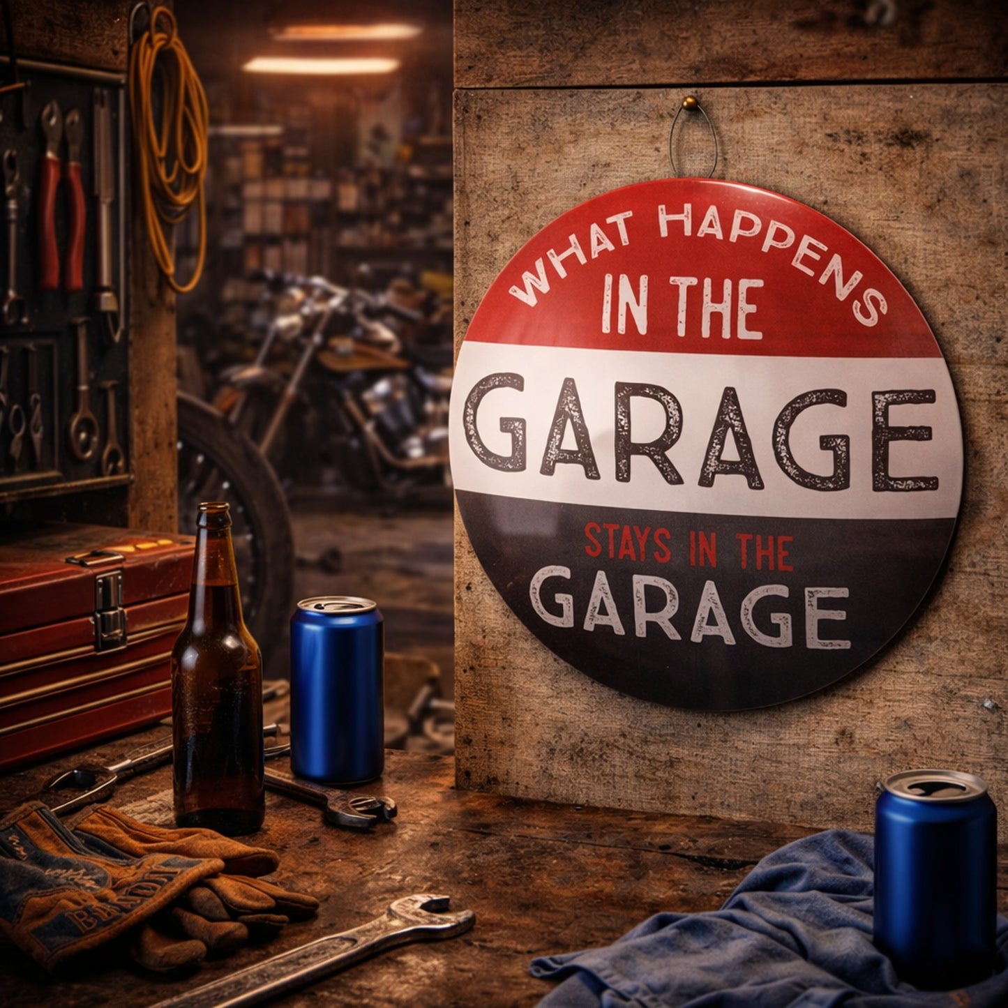 What Happens in the Garage Dome Metal Sign - 15.5"