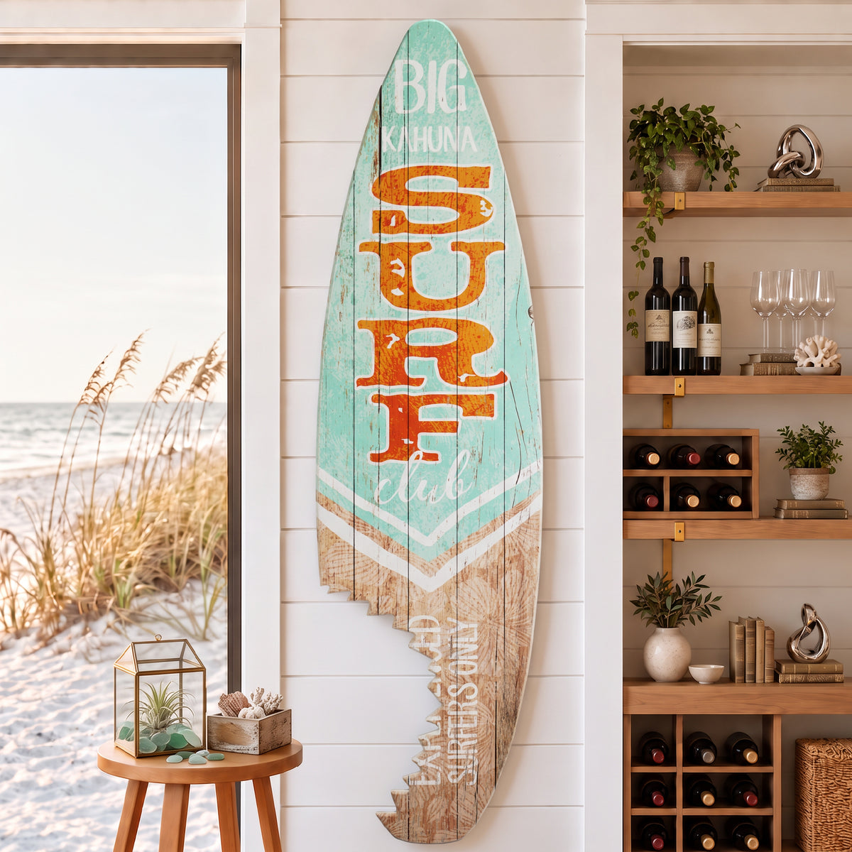 Big Kahuna Surf Club Shark Bite Surfboard Plaque Wall Sign - 60"x15"