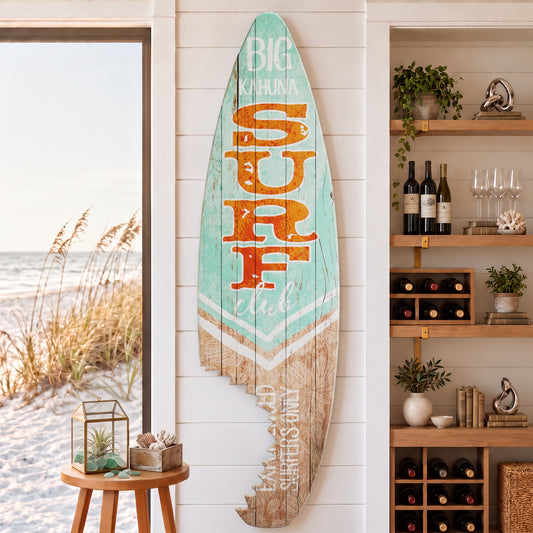 Big Kahuna Surf Club Shark Bite Surfboard Plaque Wall Sign - 60"x15"