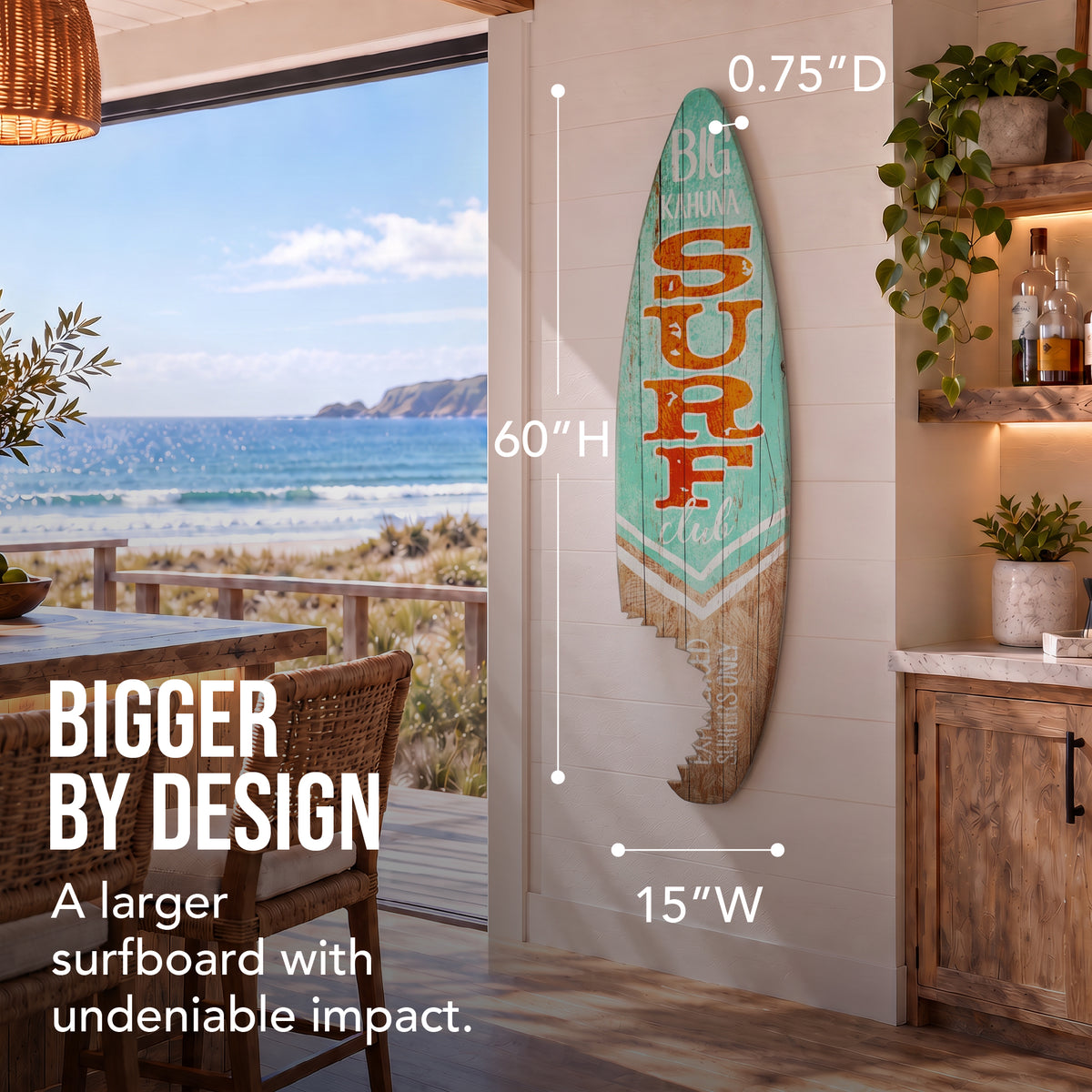 Big Kahuna Surf Club Shark Bite Surfboard Plaque Wall Sign - 60"x15"