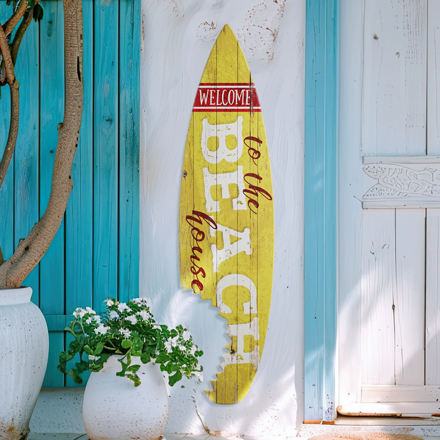 Welcome to the Beach House Shark Bite Surfboard Wall Decor - 60"x15"