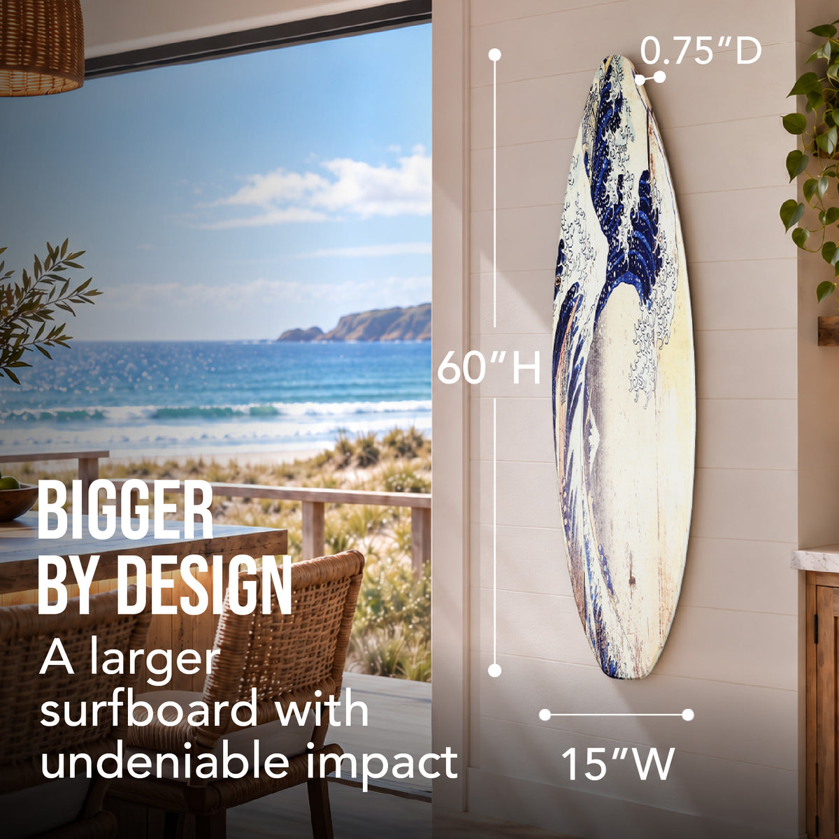 The Great Wave of Kanagawa Surfboard Plaque Wall Sign - 60"x15"