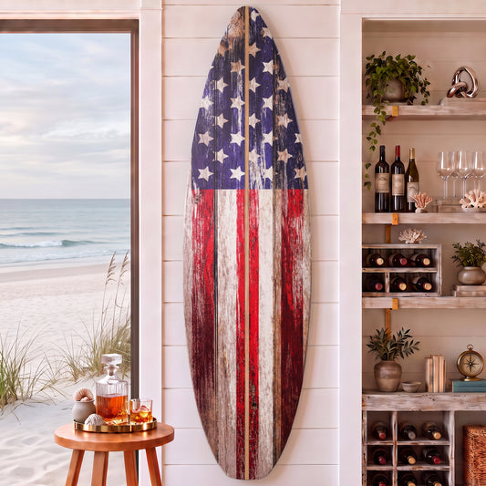 American Flag Surfboard Plaque Wall Decor - 60"x15"