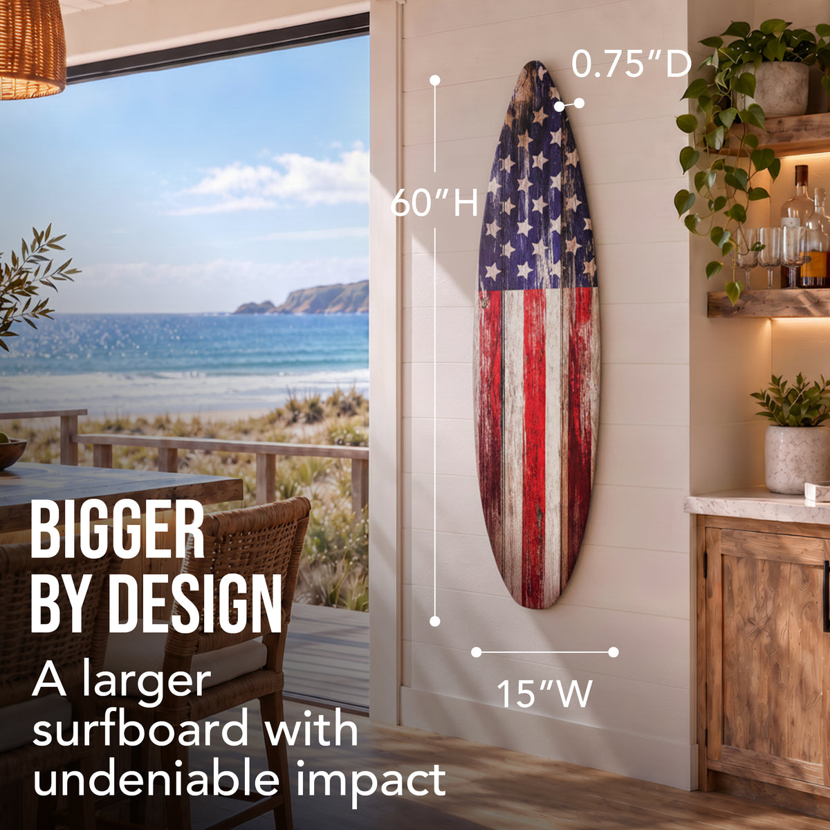 American Flag Surfboard Plaque Wall Decor - 60"x15"