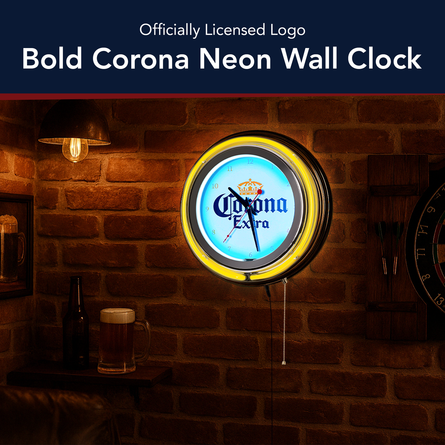 Corona Retro Round Neon Wall Analog Clock with Pull Chain - 14.5"