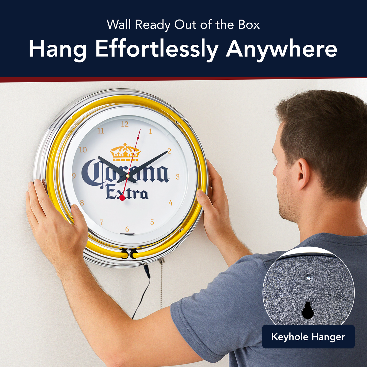 Corona Retro Round Neon Wall Analog Clock with Pull Chain - 14.5"