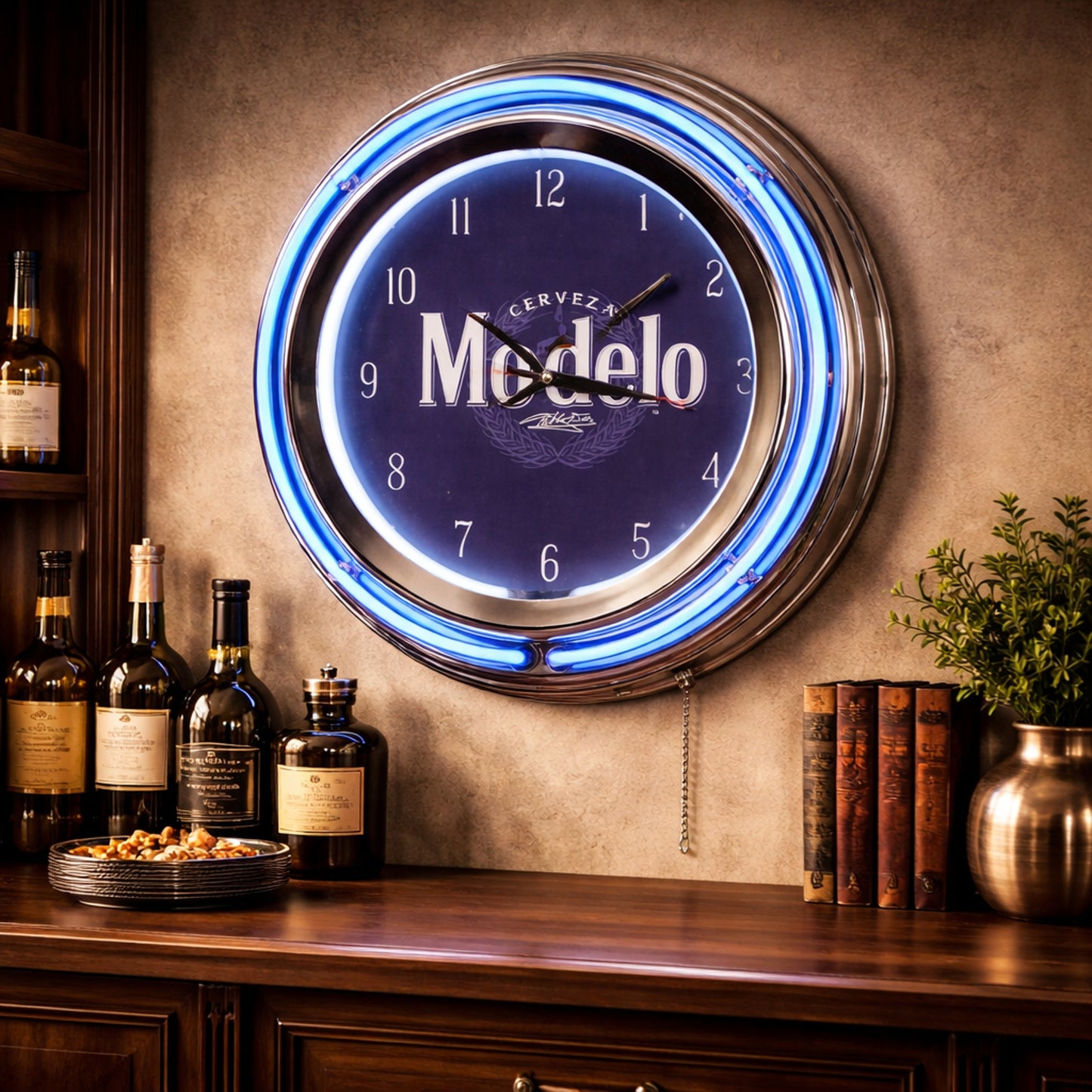 Modelo Retro Round Neon Wall Analog Clock with Pull Chain - 14.5"