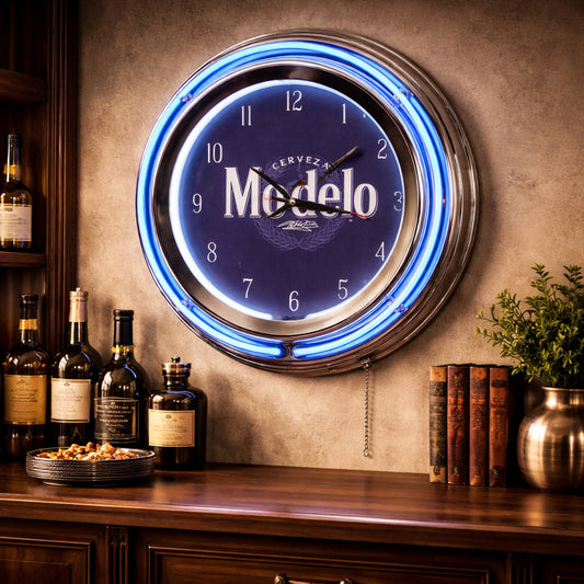Modelo Retro Round Neon Wall Analog Clock with Pull Chain - 14.5"