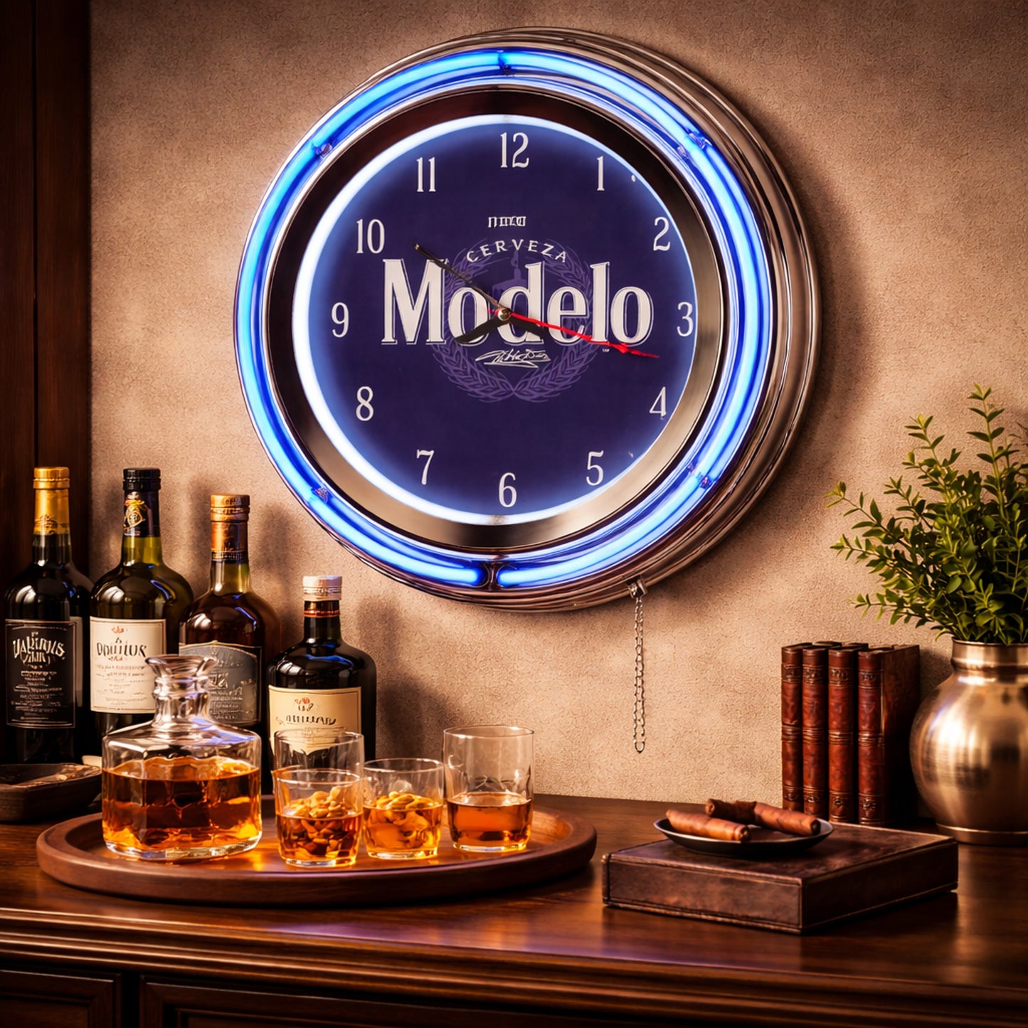 Modelo Retro Round Neon Wall Analog Clock with Pull Chain - 14.5"