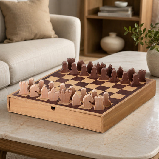 Wood Chess & Checkers Board Game Set with Drawer Tabletop Decor
