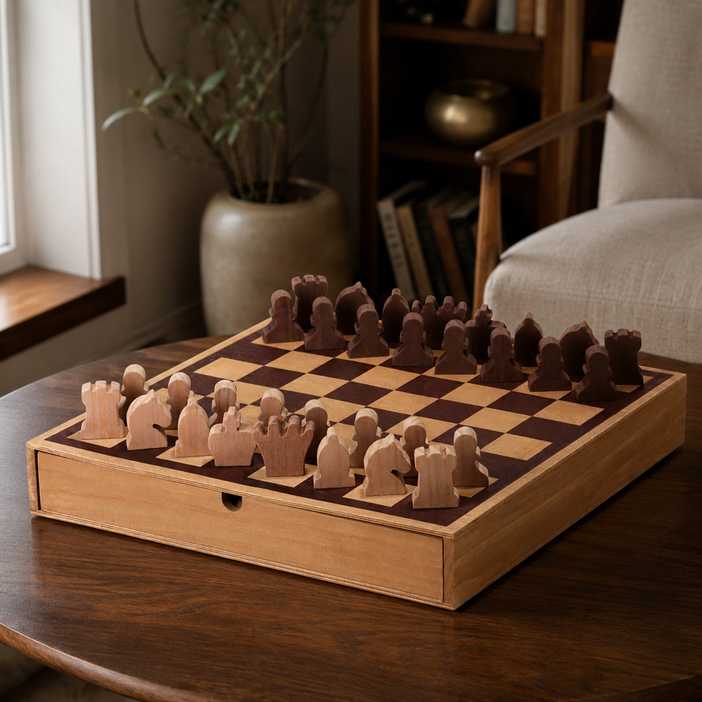 Wood Chess & Checkers Board Game Set with Drawer Tabletop Decor