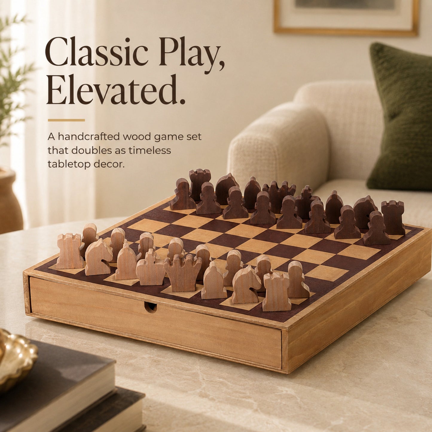 Wood Chess & Checkers Board Game Set with Drawer Tabletop Decor