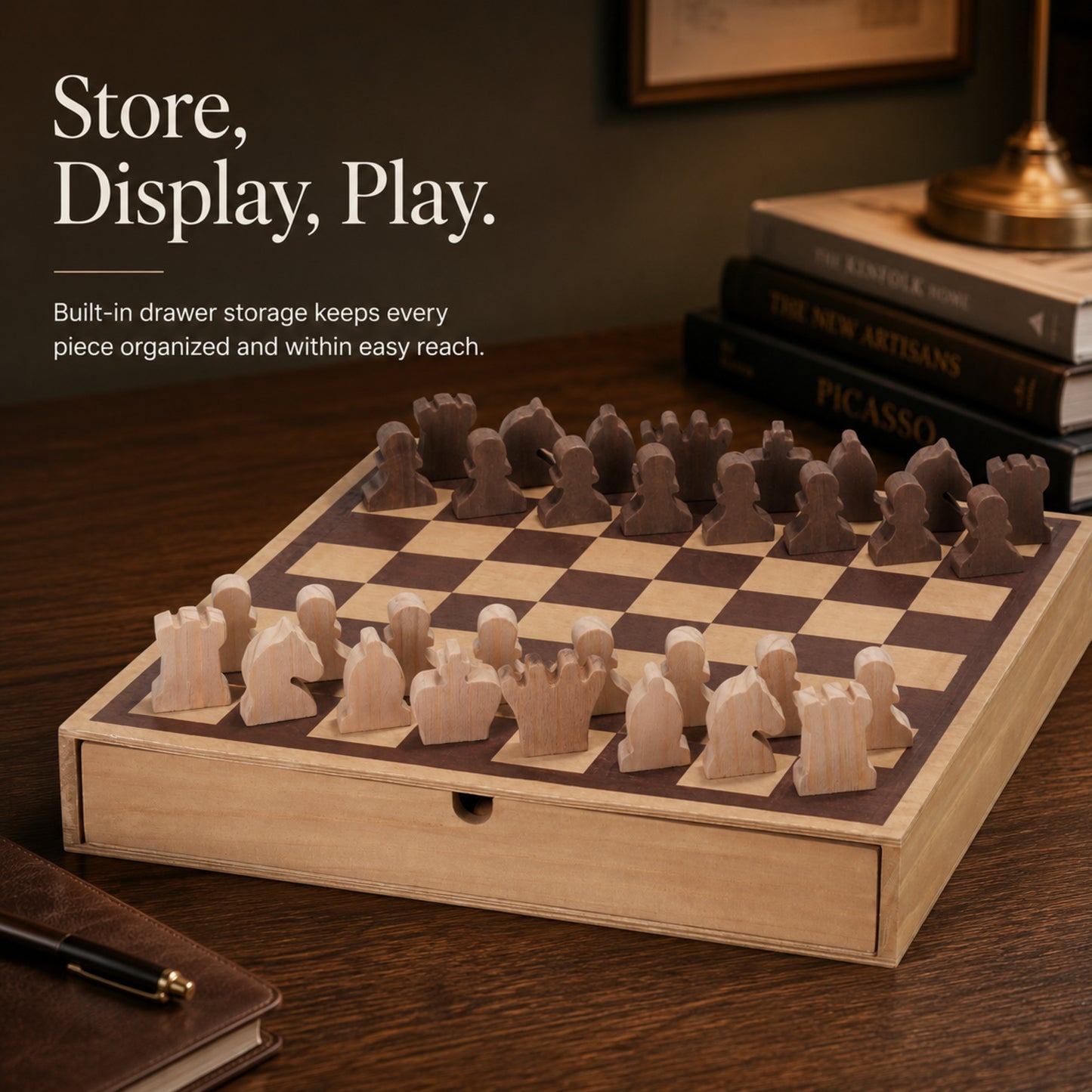 Wood Chess & Checkers Board Game Set with Drawer Tabletop Decor