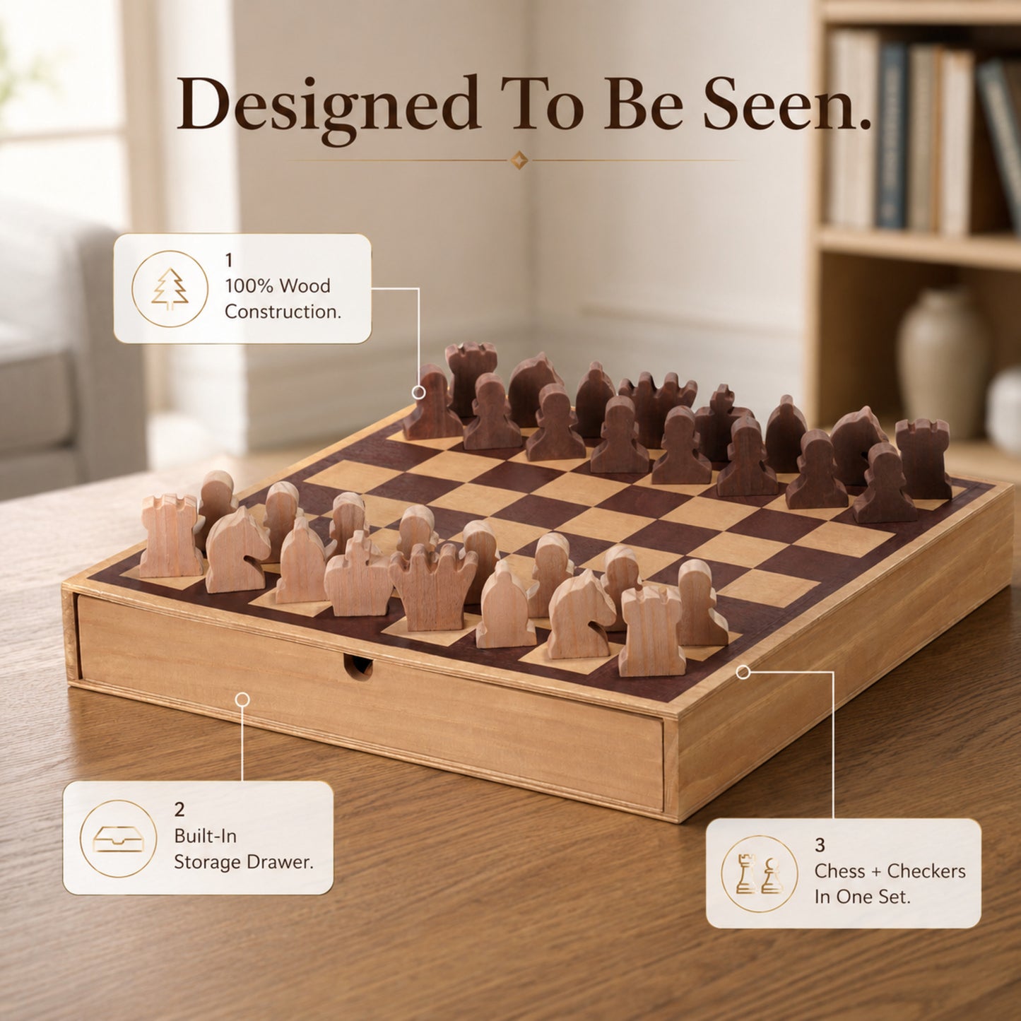 Wood Chess & Checkers Board Game Set with Drawer Tabletop Decor