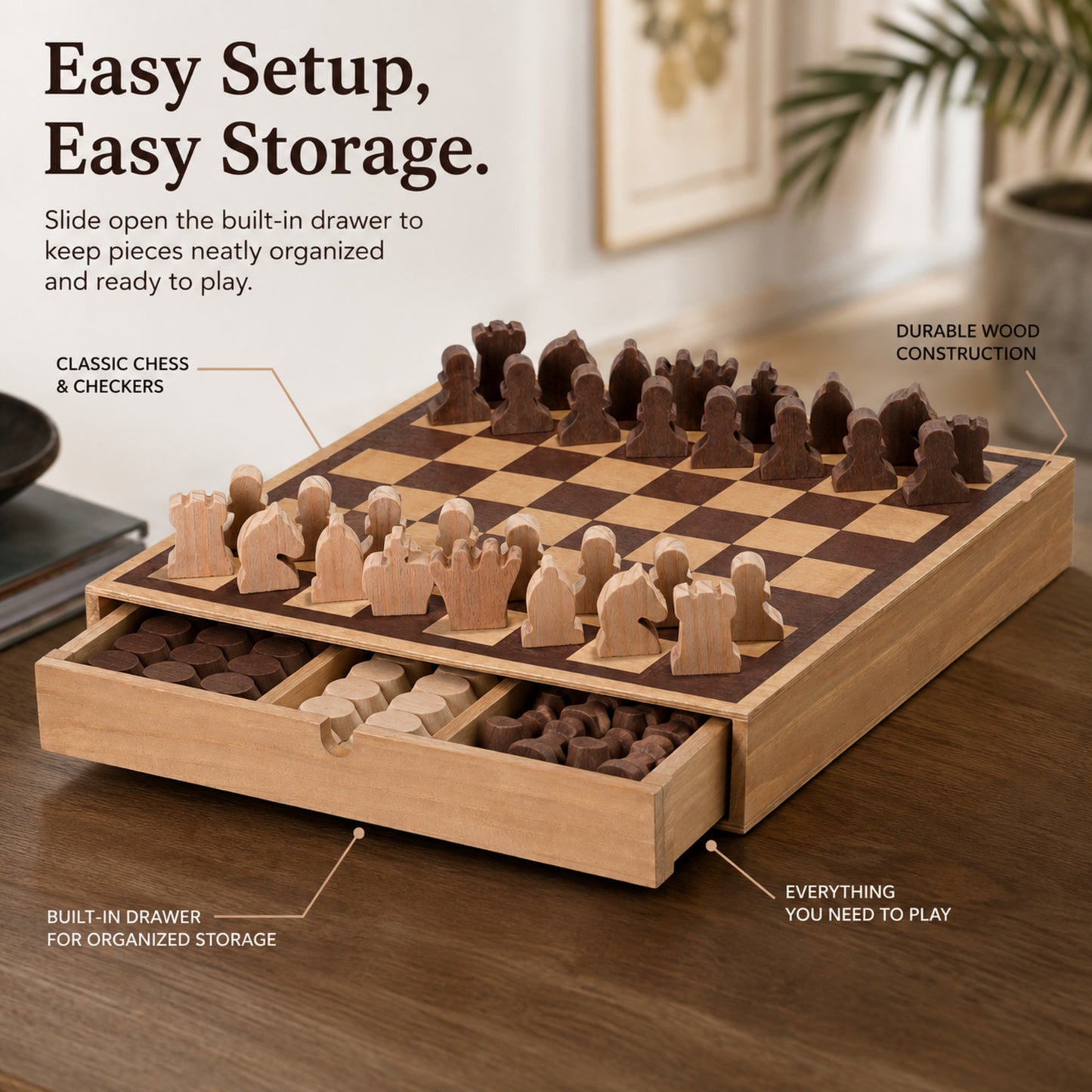 Wood Chess & Checkers Board Game Set with Drawer Tabletop Decor