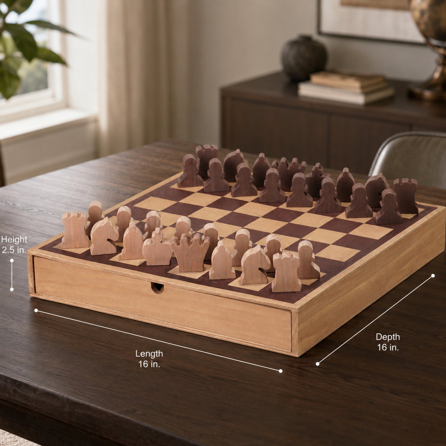 Wood Chess & Checkers Board Game Set with Drawer Tabletop Decor