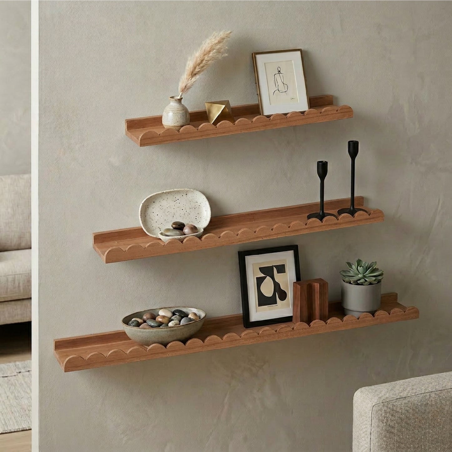 Walnut Scallop Wood Floating Wall Shelf Set of 3