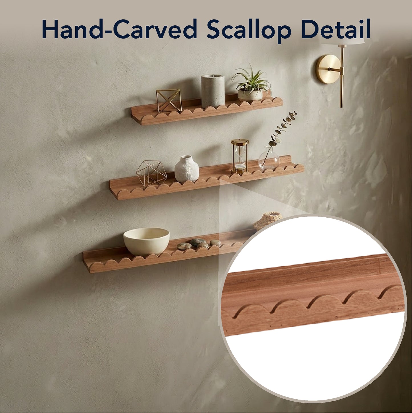 Walnut Scallop Wood Floating Wall Shelf Set of 3